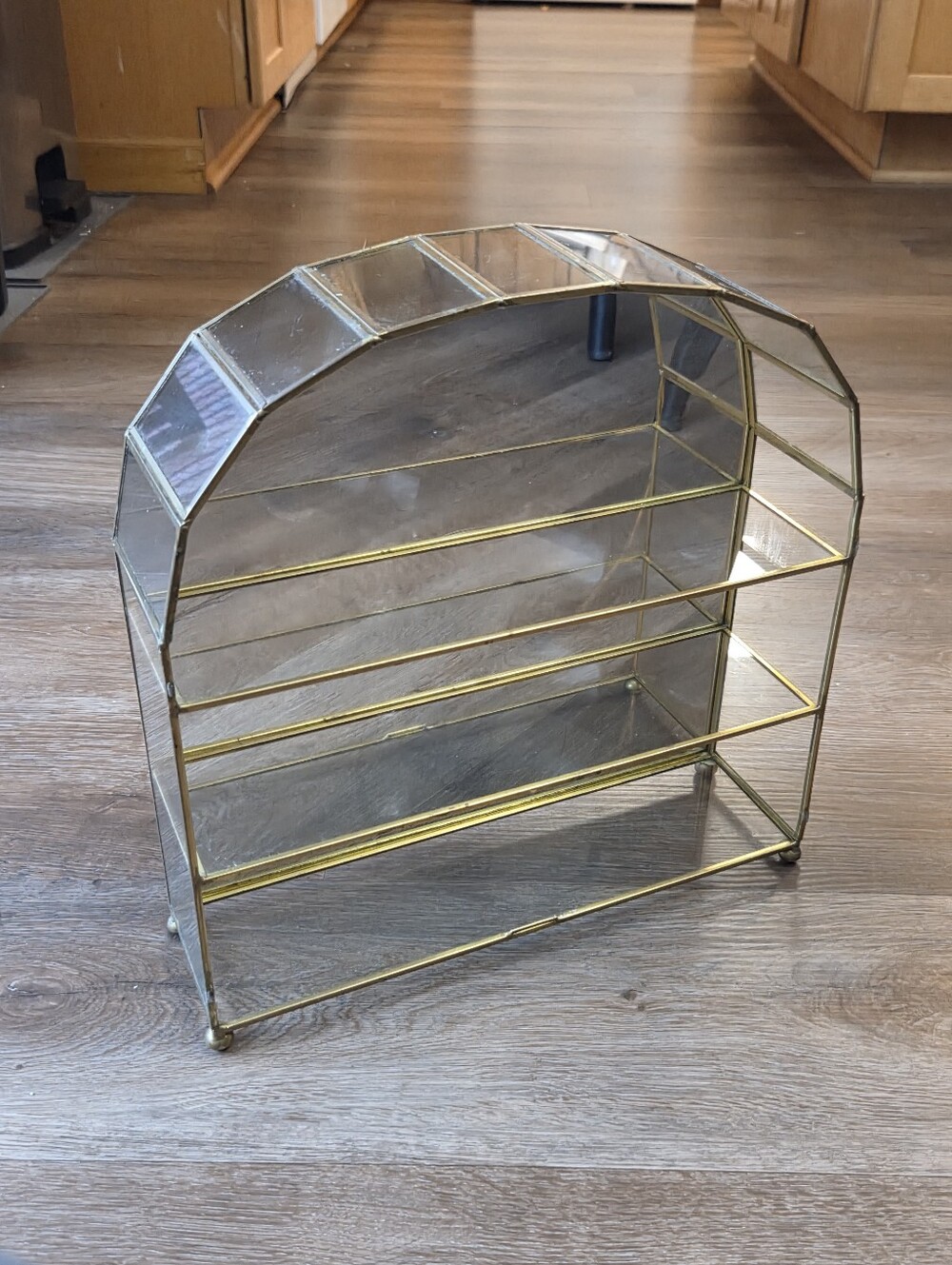 Vintage Gold Brass and Glass Curio Cabinet Shelf Mirrored Arched Display Piece
